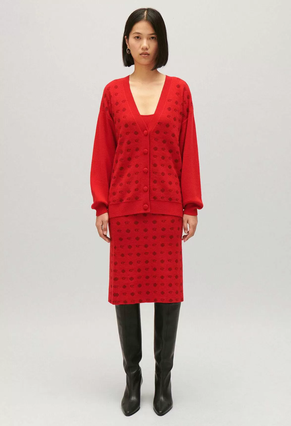 Claudie Pierlot Red Jacquard Cardigan*Women Sweaters And Cardigans