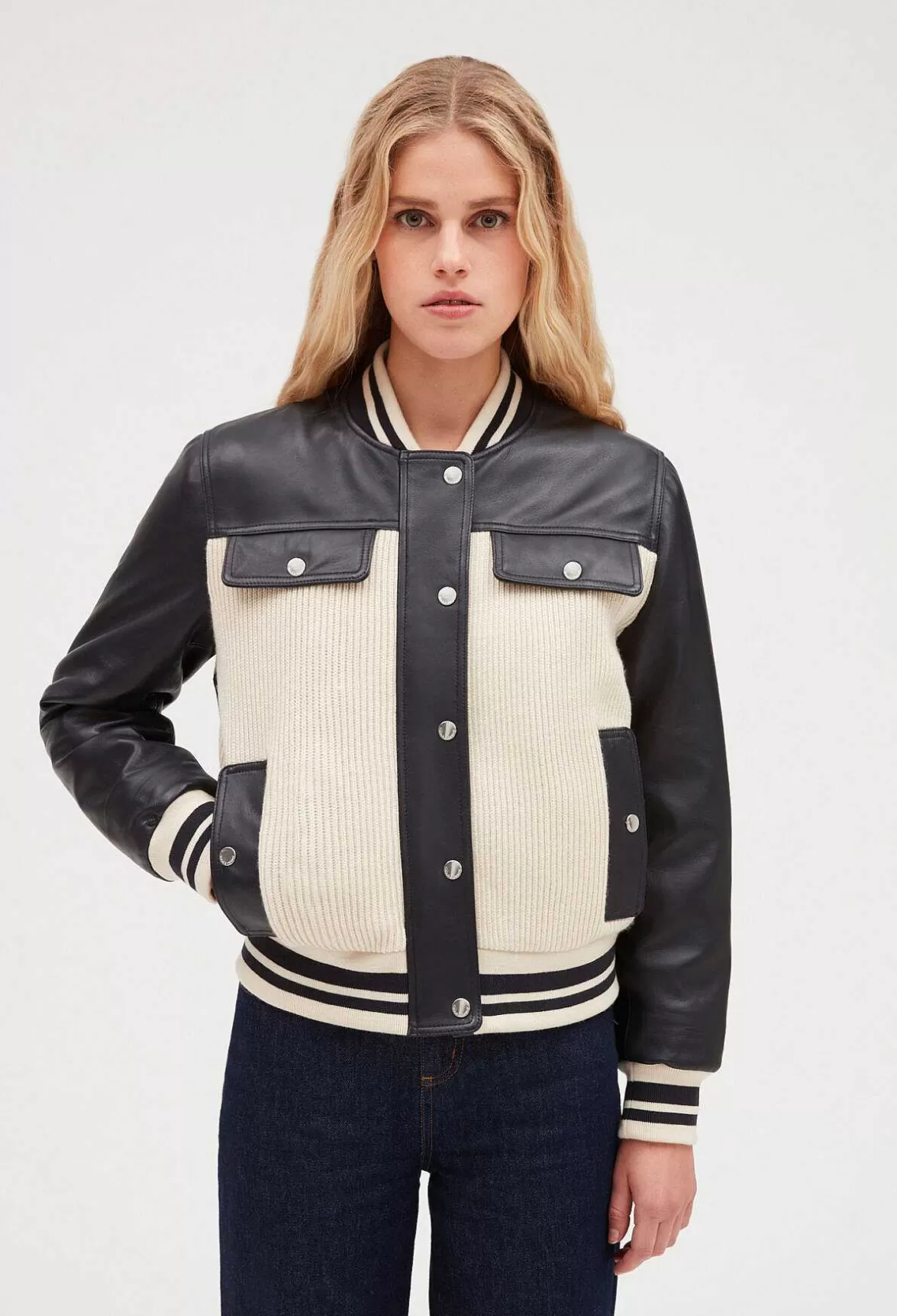 Claudie Pierlot Two Tone Leather And Knit Jacket*Women Jackets And Coats